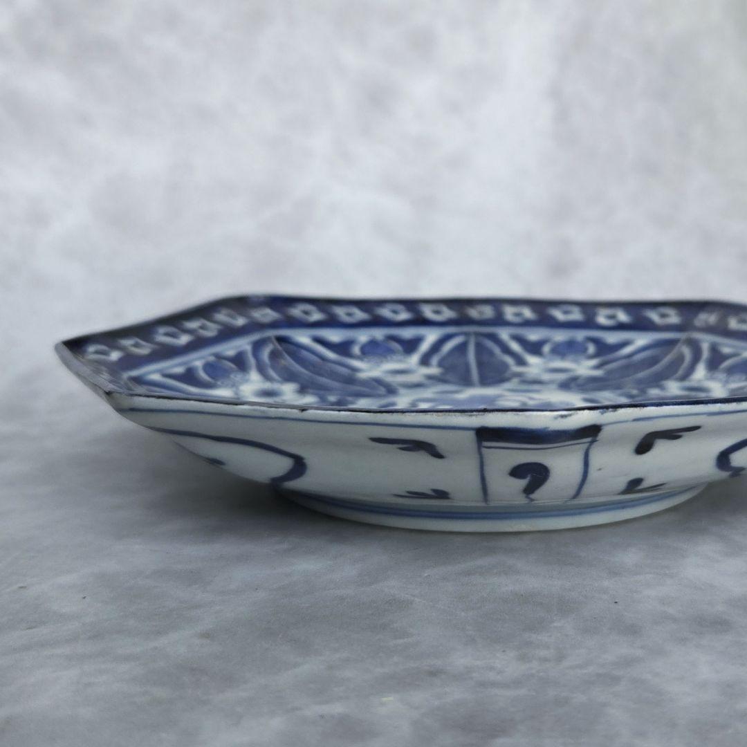 無傷完品　古伊万里　染付　八角　六寸皿　金継ぎ　アンティーク　骨董　江戸時代