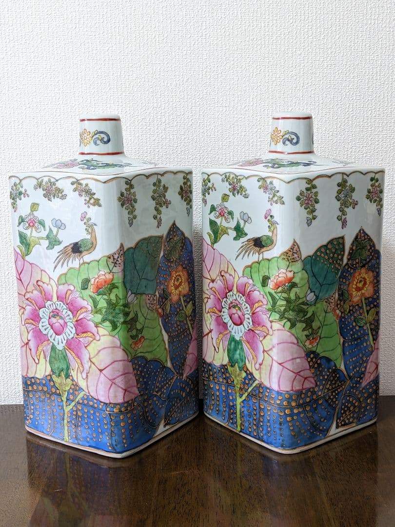 ♦中国陶磁 華栄堂製 粉彩花鳥紋様壺 瓶 花瓶 置物飾り ディスプレイ骨董品