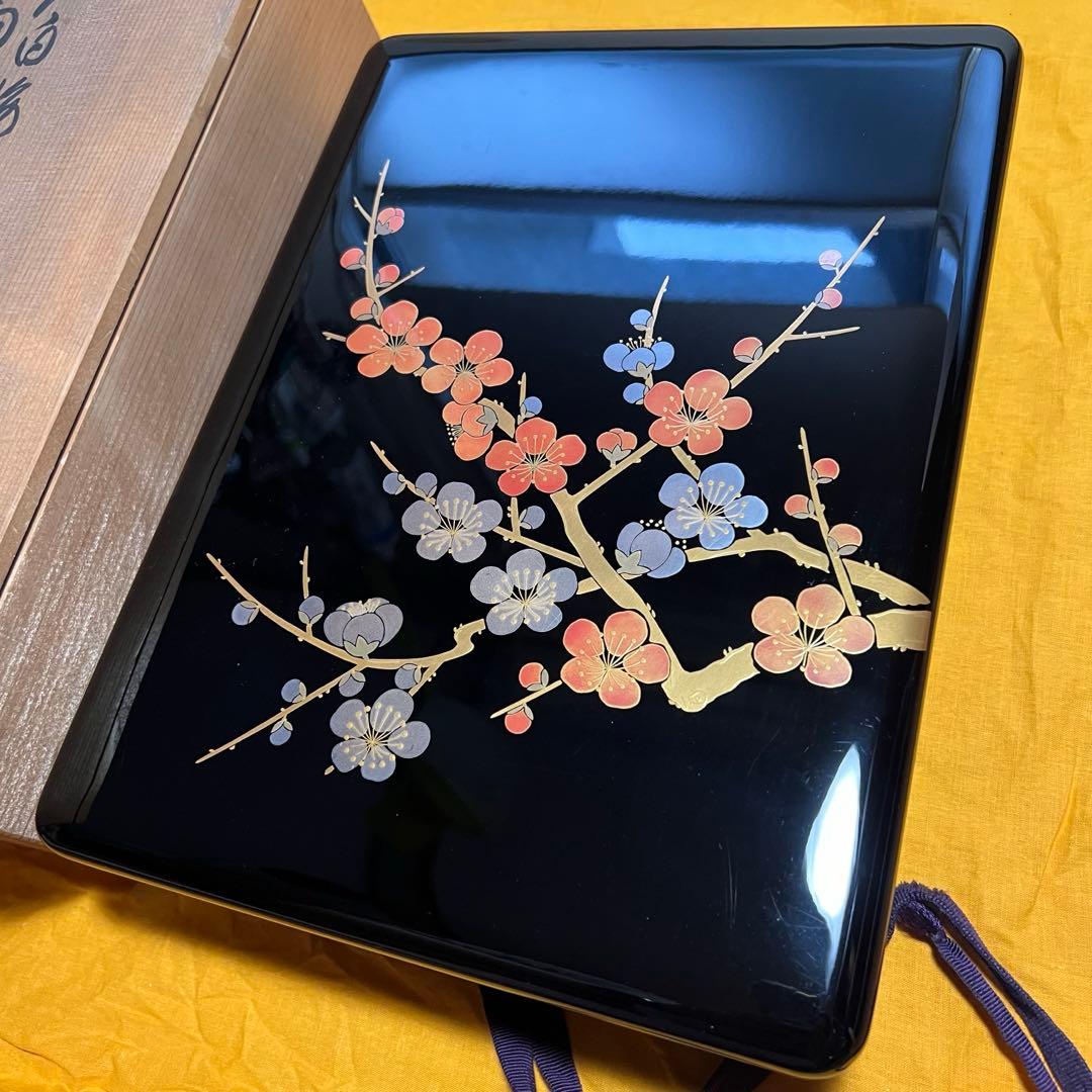 輪島塗 貴山堂 張間喜一監修 紅白梅蒔 共箱 文箱