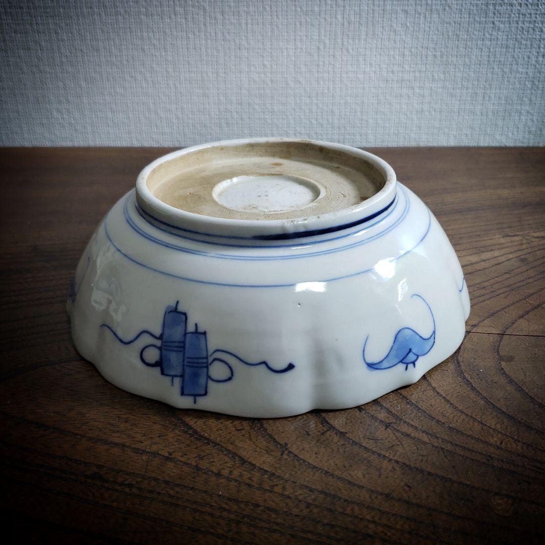 なます皿　蝙蝠　コウモリ　唐花　色絵付　染付　古伊万里　明治　大正　訳あり　欠け