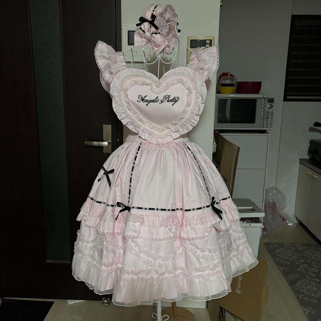 【美品】アンジェリックプリティHeart胸あて付きスカート ピンク カチューシャ