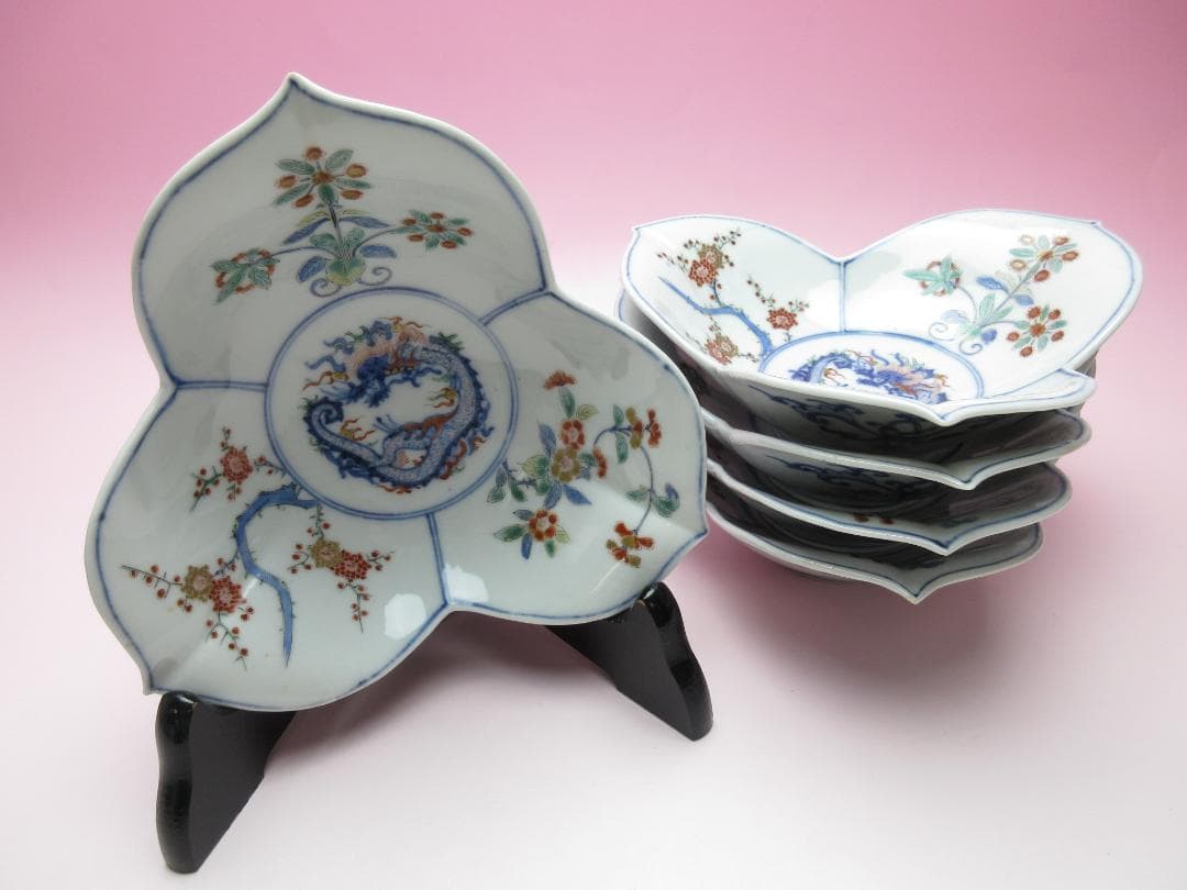 大聖寺伊万里 柿右衛門写し 色絵 龍紋 花形 中鉢 向付 5客 70916