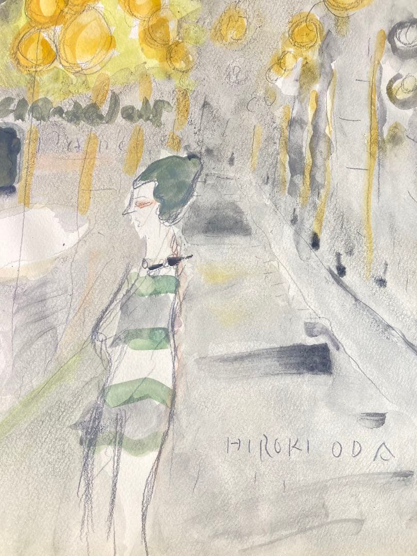 【真作保証】織田広喜「シャンゼリゼの風景」水彩画 直筆サイン 絵画