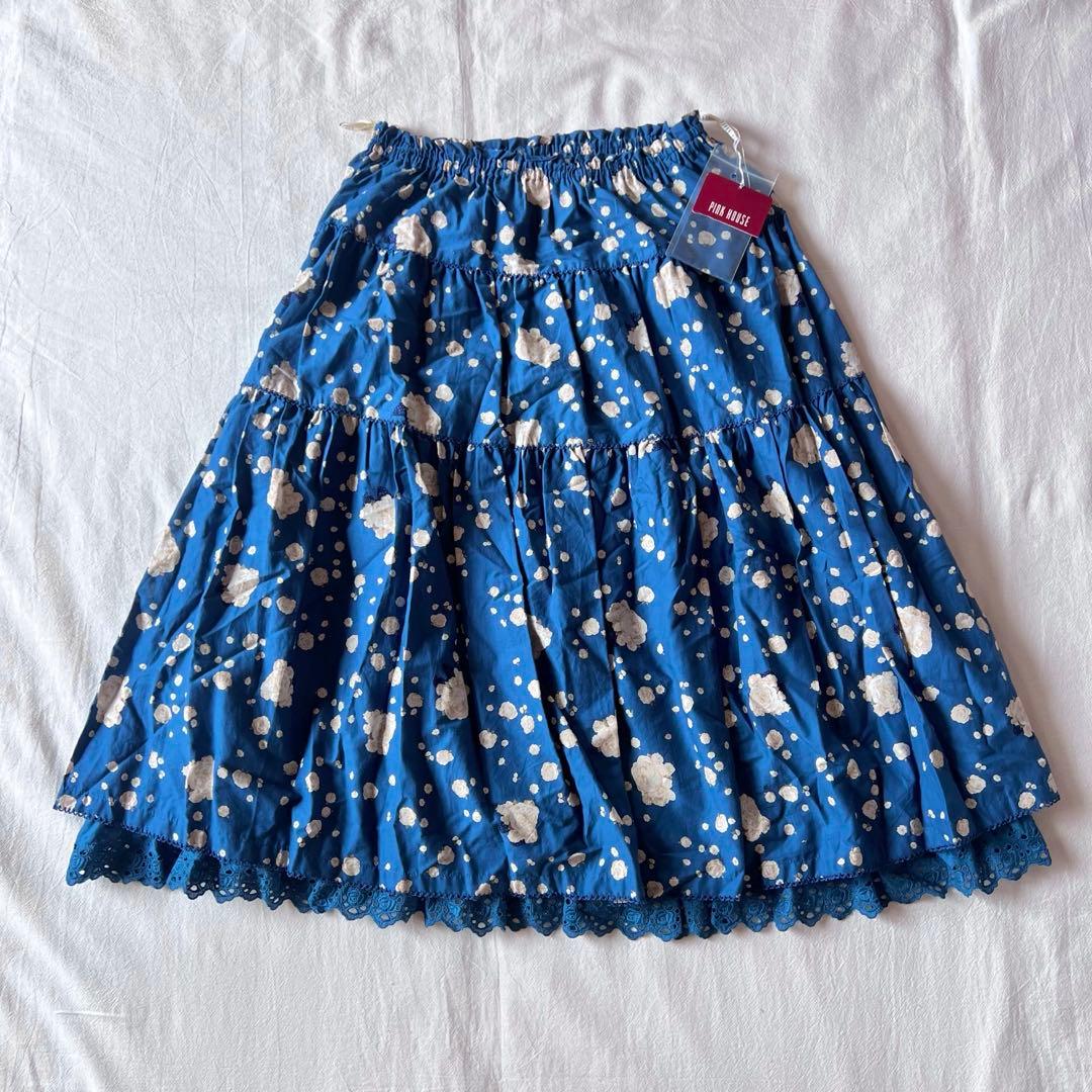 【新品】PINK HOUSE タグ付き ロングスカート 総柄 薔薇 ブルー