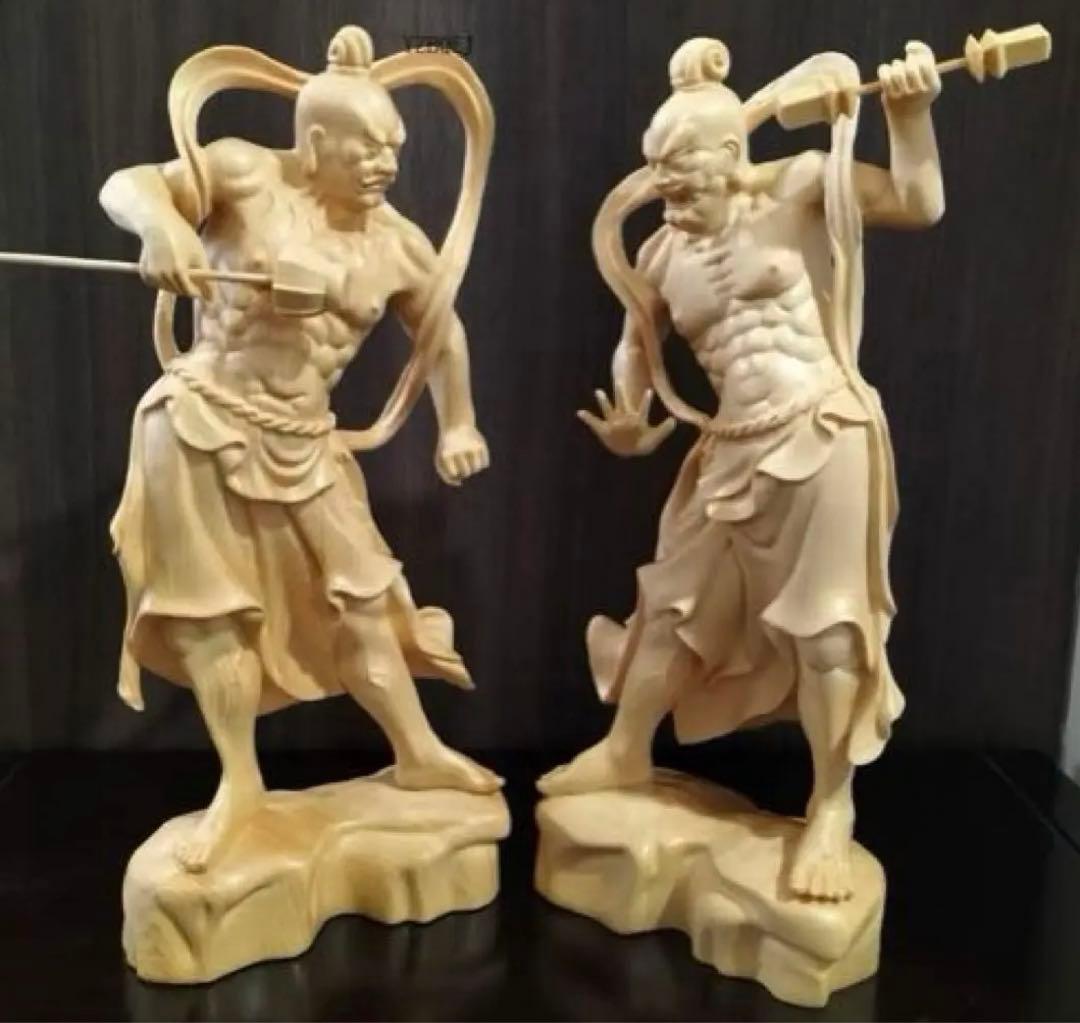 仁王像 置物 金剛力士 木彫り ヒノキ 2種セット 高さ20cm