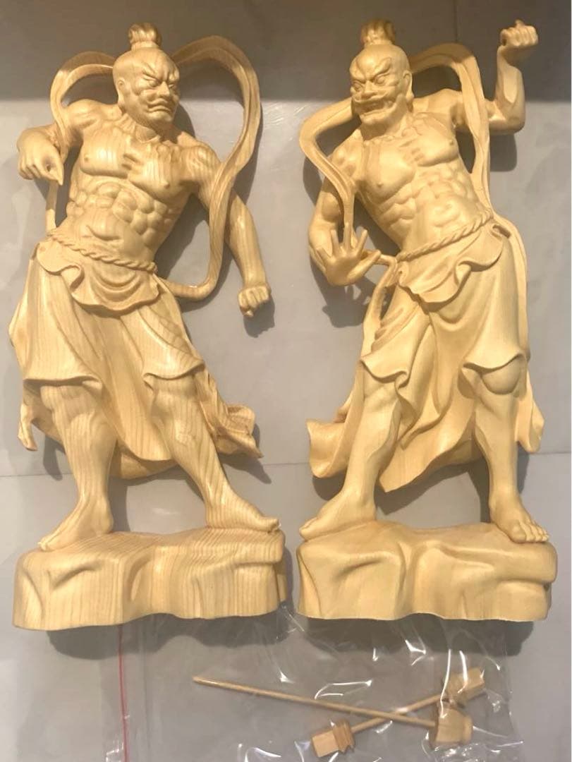 仁王像 置物 金剛力士 木彫り ヒノキ 2種セット 高さ20cm