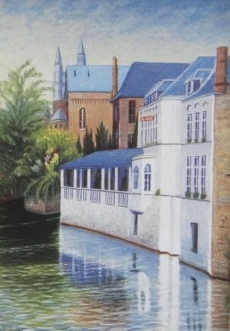 萩原立雄、【郷愁のブルージュ】、希少な額装用画集より、新品額装付