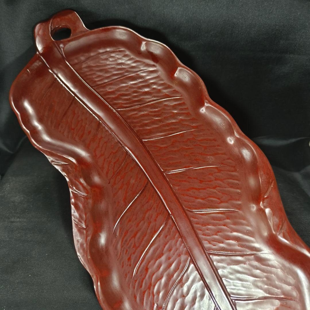 煎茶道具 鎌倉彫 47cm朱塗葉盆 手彫り 木製漆器 未使用美品 旧家蔵出時代物