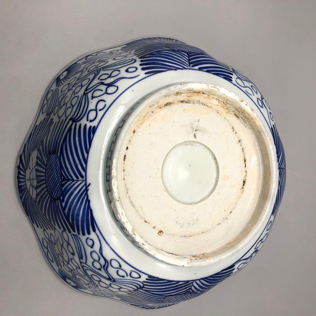 明治時代古伊万里幾何学模様ベロ藍印判手中押し鉢ボウル27cm伊万里焼骨董品