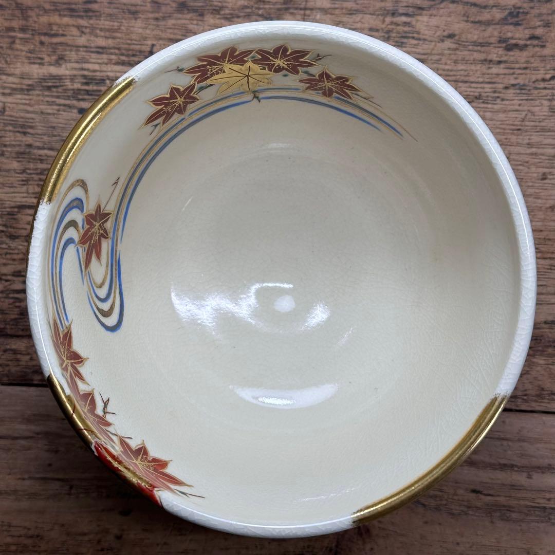 a766 送料込 色絵 竜田川ノ画 脇田雄峰造 在銘 四方桟共箱 茶道具 抹茶碗