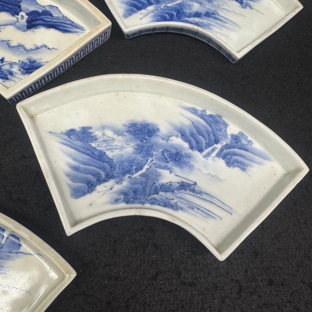 江戸時代 　古平戸 染付山水文扇形 皿 7枚