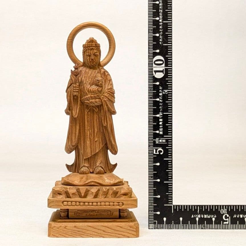 【フォロー割・新品】 子安鬼子母神　木地彫り　下台付　高さ約13cm　鬼子母神