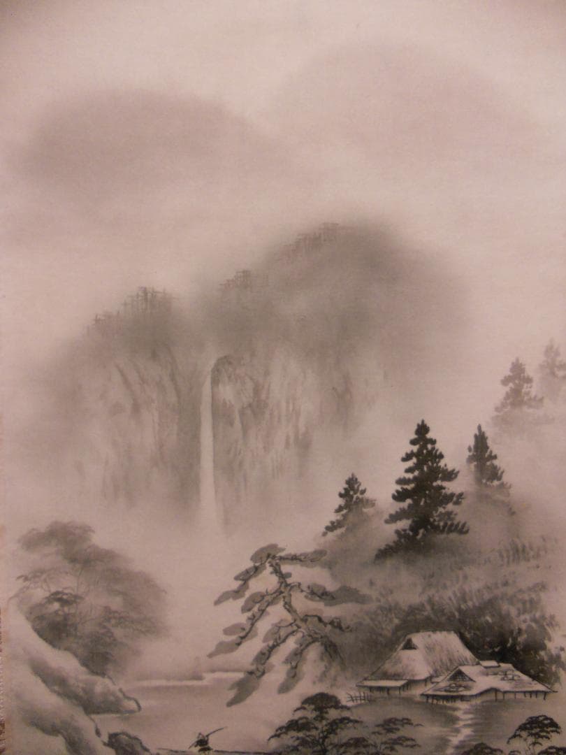 掛け軸 宮島龍石 水墨山水 絹本 希少 軸装 茶道具 掛軸 美品 です。