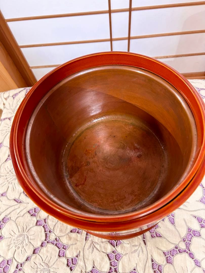 アンティーク飛騨高山春慶塗り火鉢　癒しの時間　火鉢生活に　春慶塗り丸盆付き