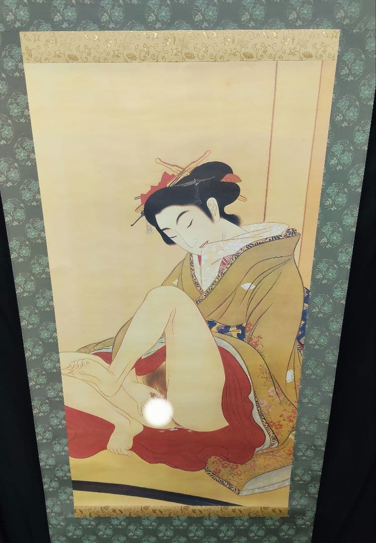 掛軸 絹本 複製工芸画 美人画 桐箱付 伝・葛飾北斎筆
