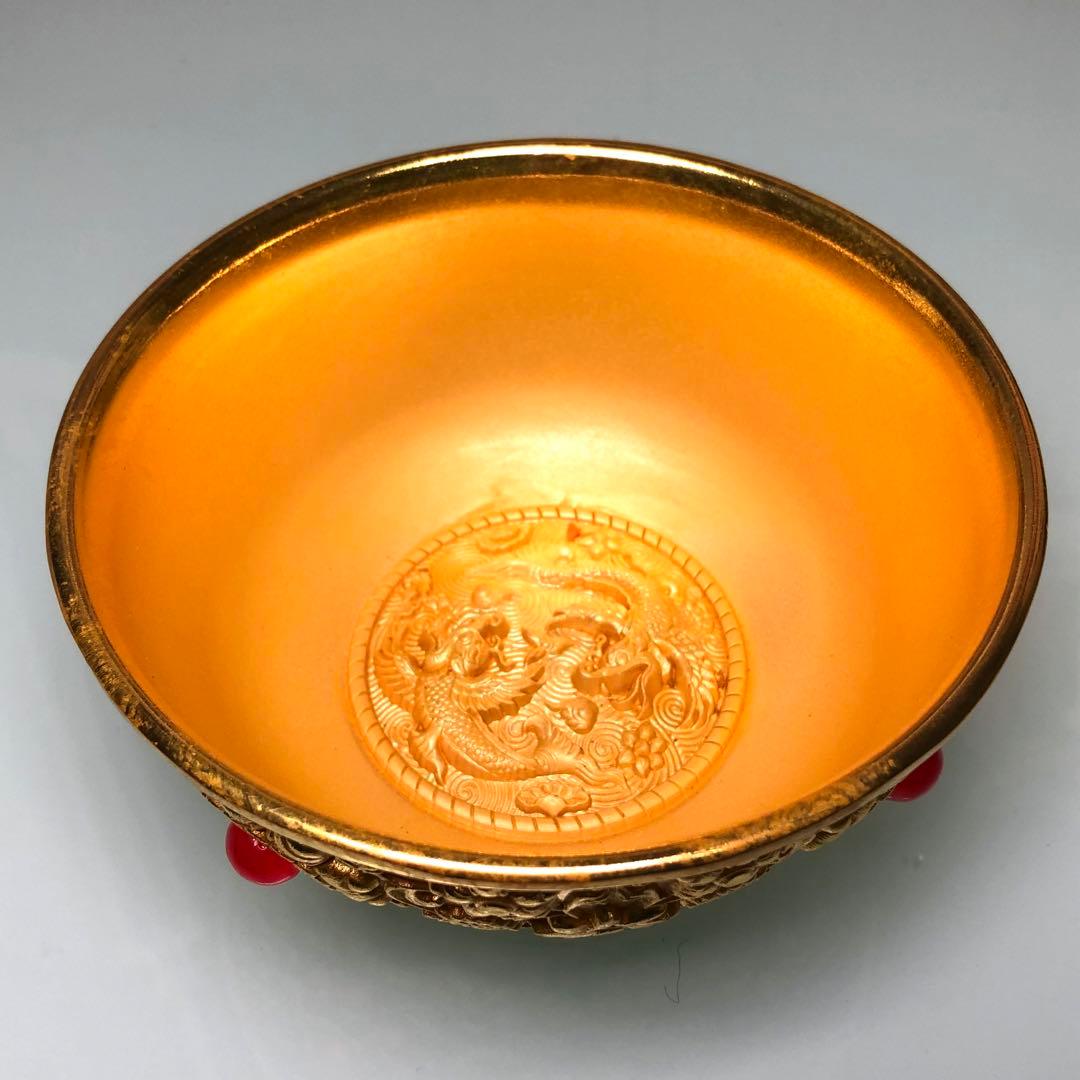 古美術　金わん　 龍鳳彫刻　清国 茶碗　吉祥花紋 流金鎮座 縁起物インテリア
