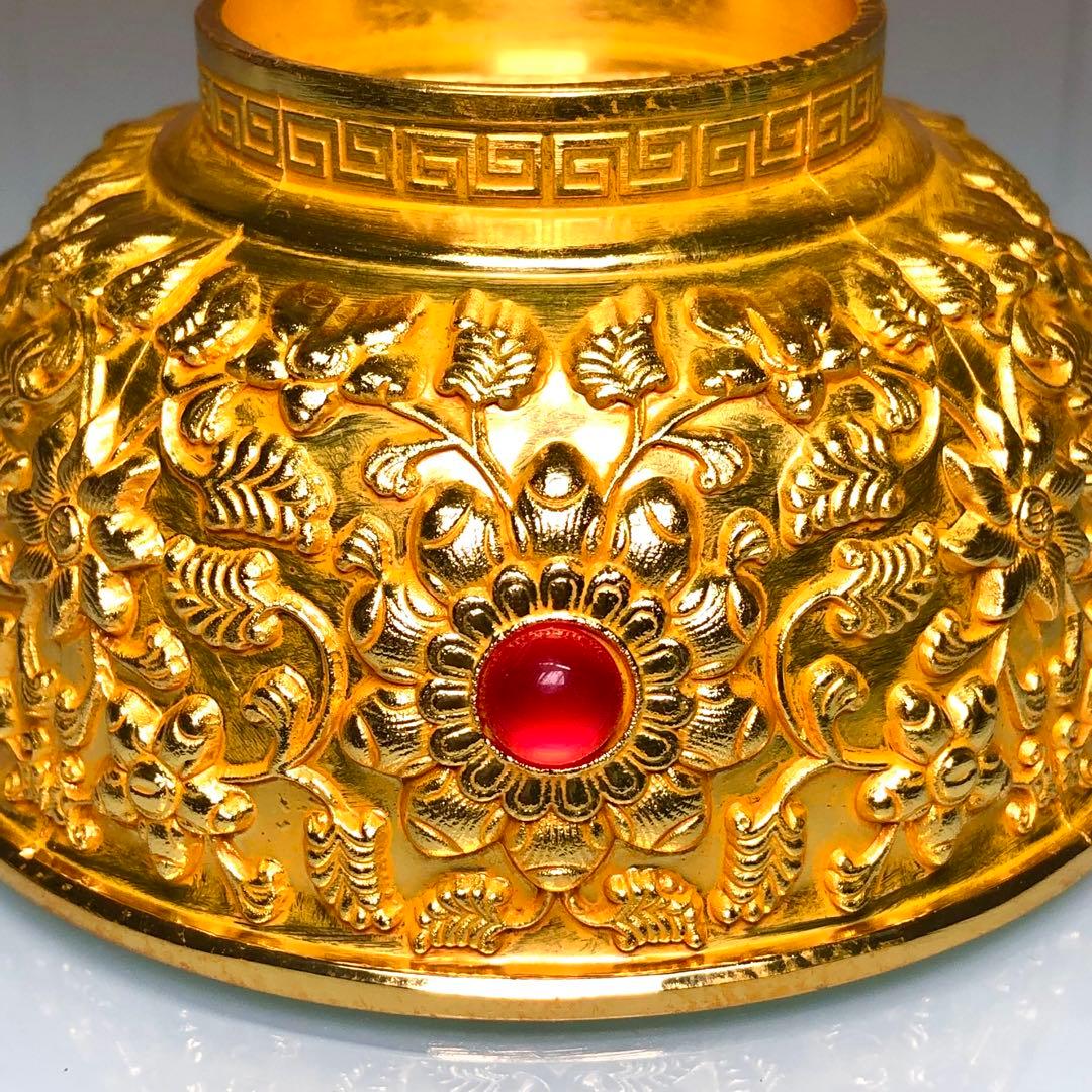 古美術　金わん　 龍鳳彫刻　清国 茶碗　吉祥花紋 流金鎮座 縁起物インテリア