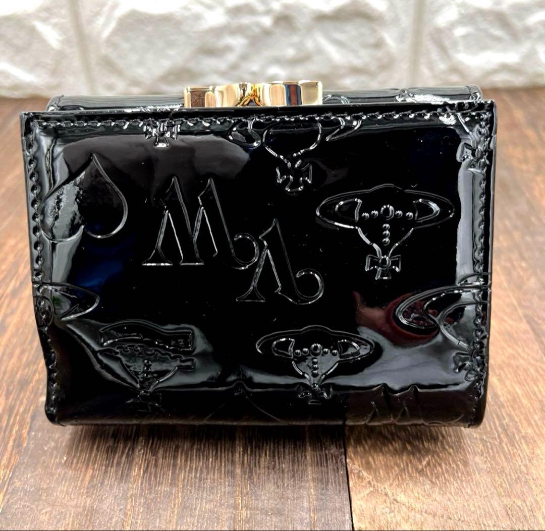 新品未使用　ヴィヴィアンウエストウッド 三つ折財布　黒　エナメル　がま口　⑥