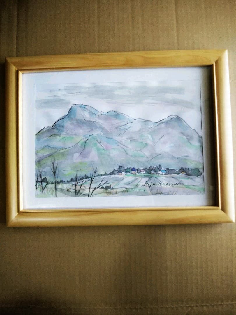 墨彩画です。題名は早春の山里と山村暮色です。サイズはA4です。額無しです。