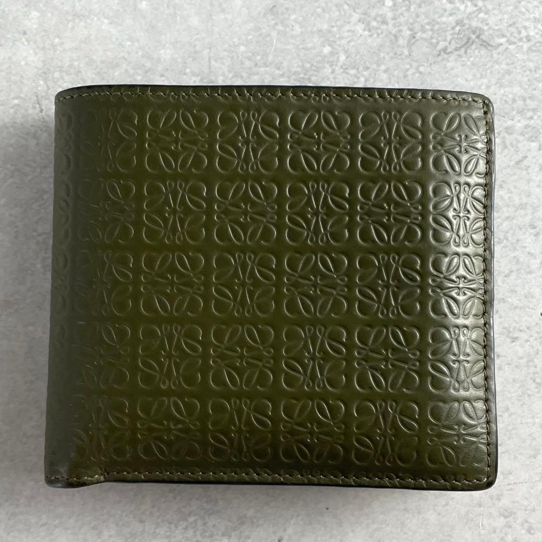 【美品】ロエべ 二つ折り財布 リピートアナグラム　レザー グリーン