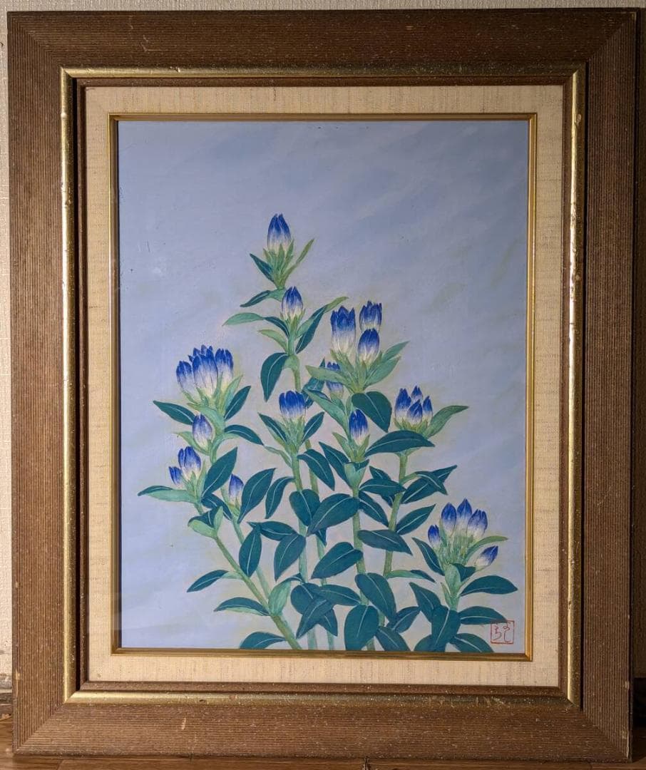 【真作】絵画　日本画6号　竜胆（リンドウ）図　清らかな群青の植物画　W108