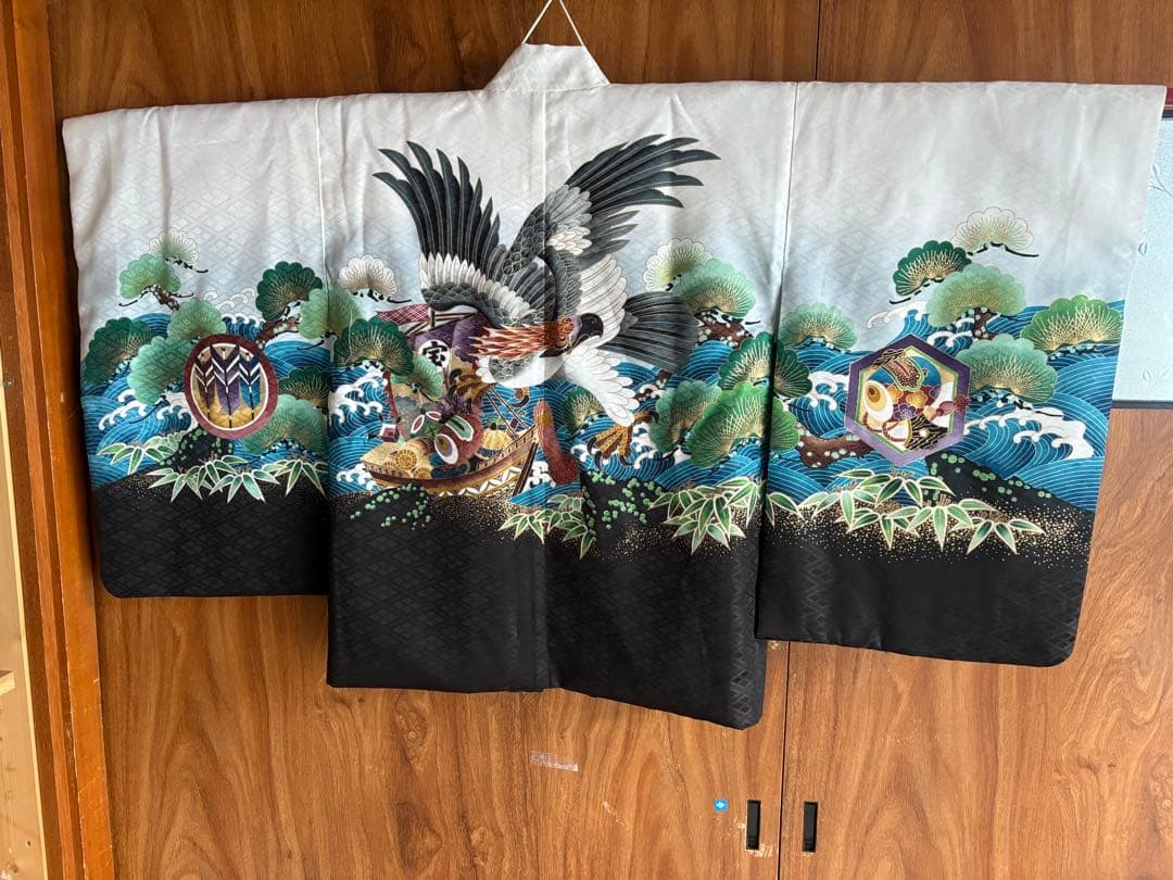 七五三　5歳男児　着物　セット　鷲　鷹　宝船　白ゴールド黒　伴商店