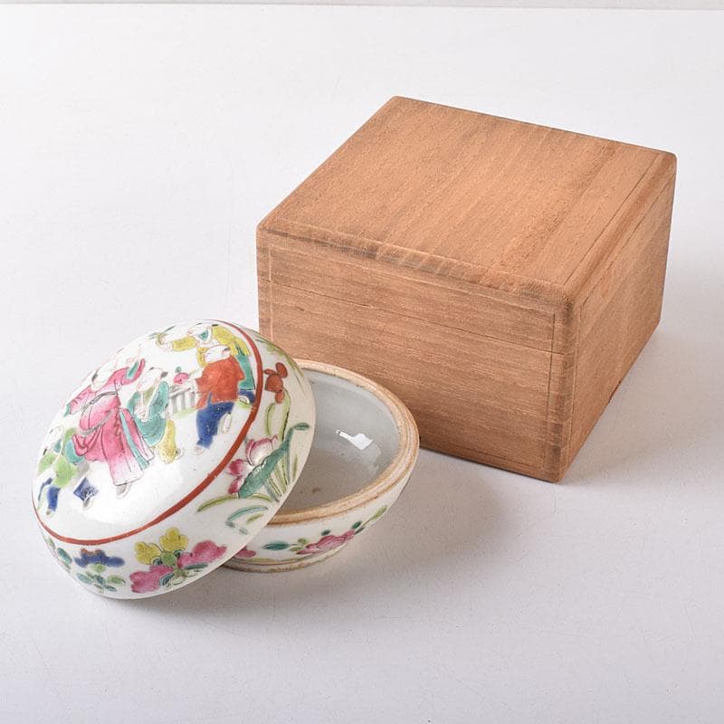 中国　粉彩　蓮花人物文　盒子　香合　蓋物　合わせ箱　V　R8271