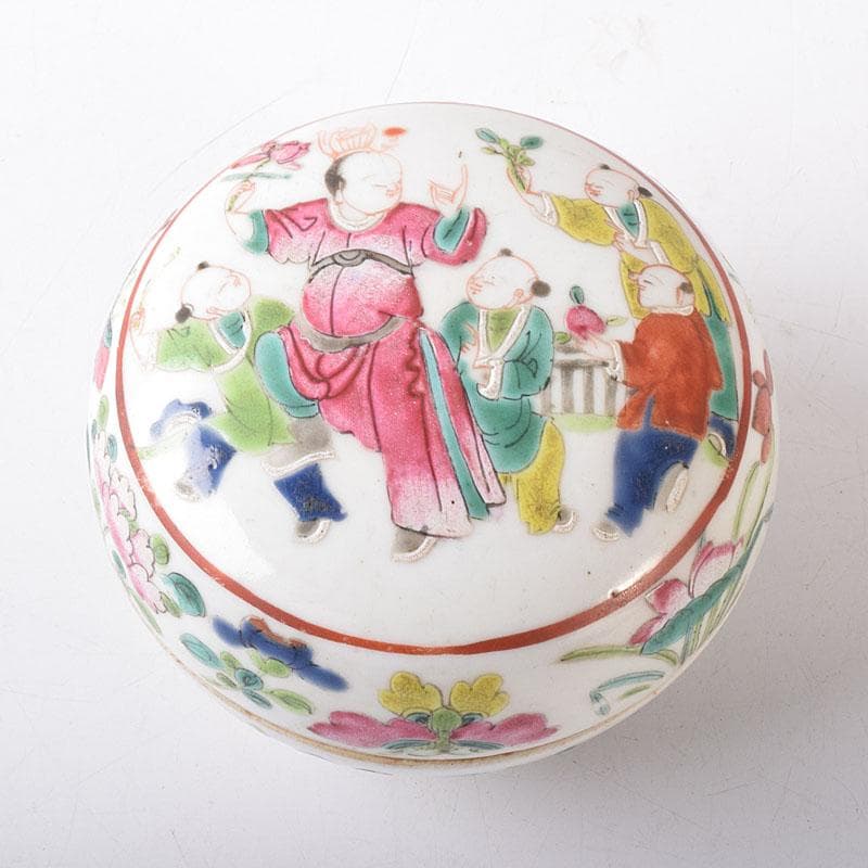 中国　粉彩　蓮花人物文　盒子　香合　蓋物　合わせ箱　V　R8271