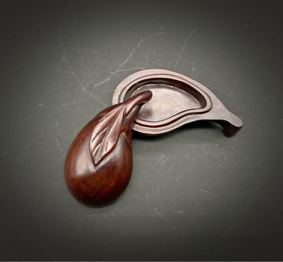 繊細彫刻 唐木 紅木 なす　木彫 蓋物 香合 香道具