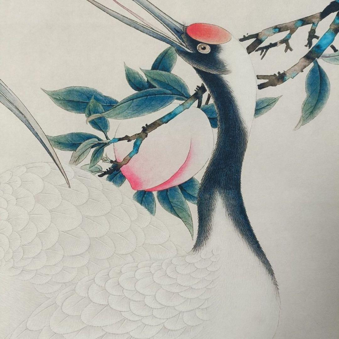 【証書付】齐白石 贺寿图 三尺中堂／縁起良い丹頂鶴図／掛軸