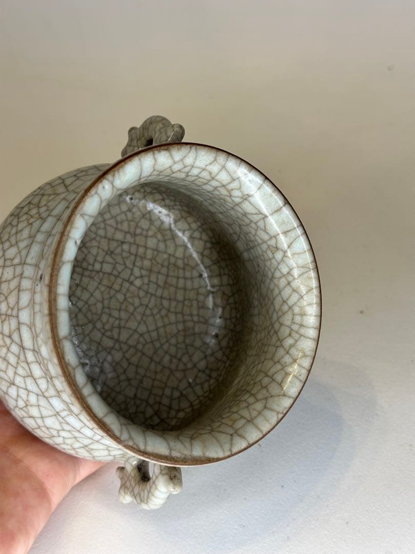 中国骨董 清代 哥窯 双耳香炉 陶磁器 置物 コレクション用 香道具