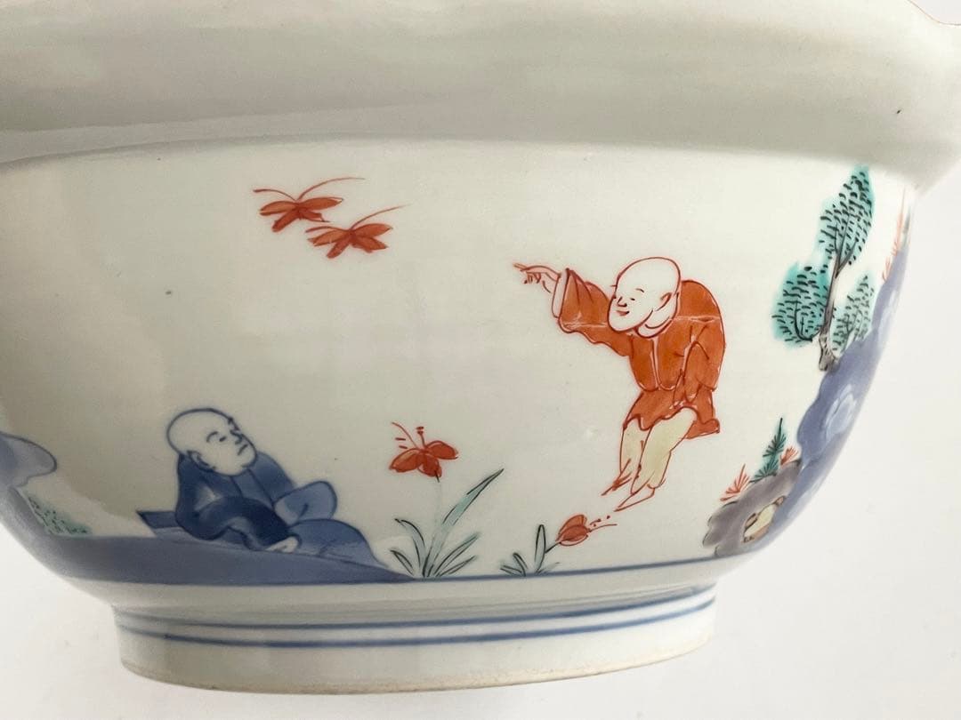 骨董　アンティーク　柿右衛門　色絵　染錦　唐子遊戯図　輪花鉢　深鉢　鉢　古伊万里