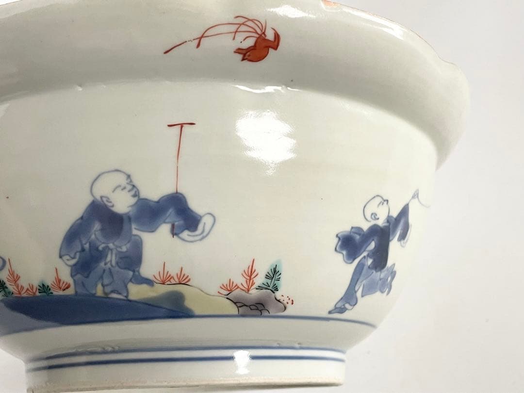 骨董　アンティーク　柿右衛門　色絵　染錦　唐子遊戯図　輪花鉢　深鉢　鉢　古伊万里