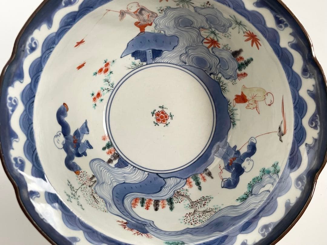 骨董　アンティーク　柿右衛門　色絵　染錦　唐子遊戯図　輪花鉢　深鉢　鉢　古伊万里