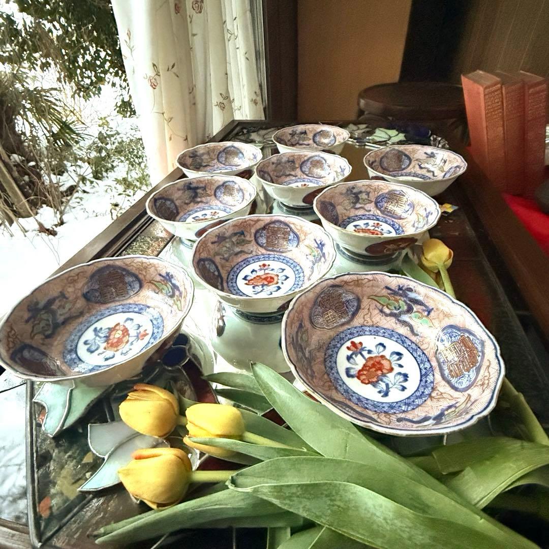 M様へ感謝お嫁入り‼️強運献上手大聖寺伊万里錦手Dragon❌牡丹龍　靏膾皿鉢2客