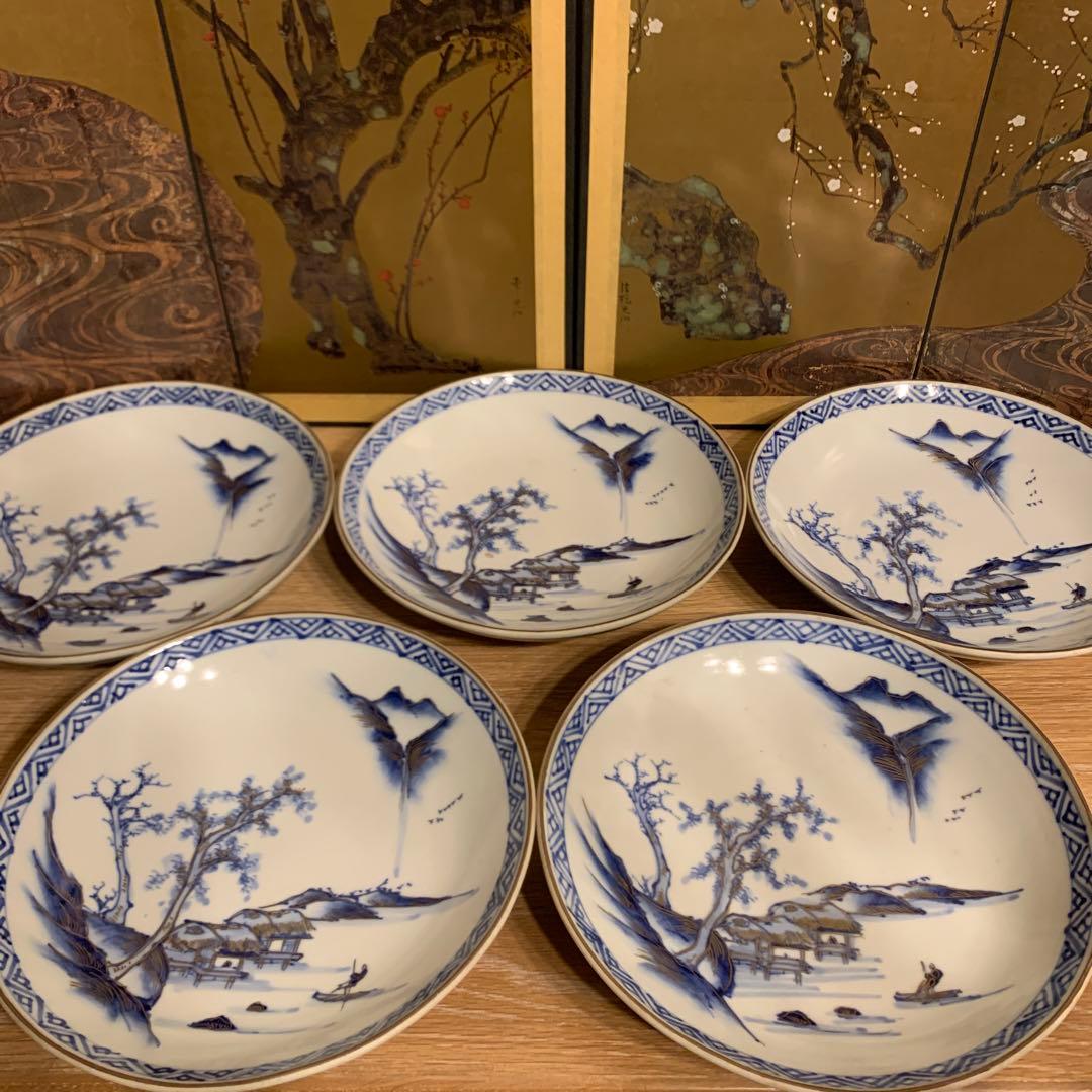 九谷　染付　皿　金彩　アンティーク　5客