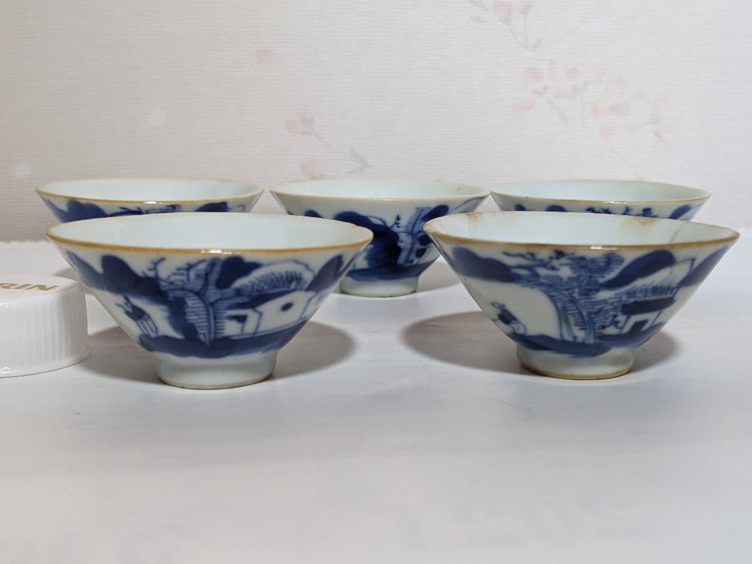 ♦江戸時代 初代高橋道八開窯 染付山水人物図 酒盃五客組 仁阿弥道八 古美術品