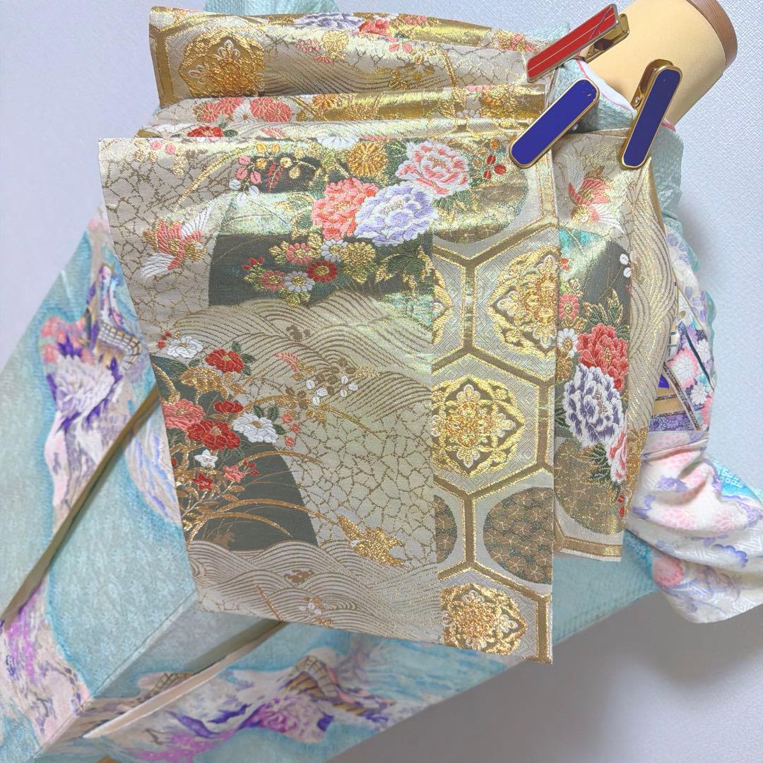4 振袖フルセット 正絹 難あり 水色 紫 ピンク 銀彩 絞り 小柄さん レトロ