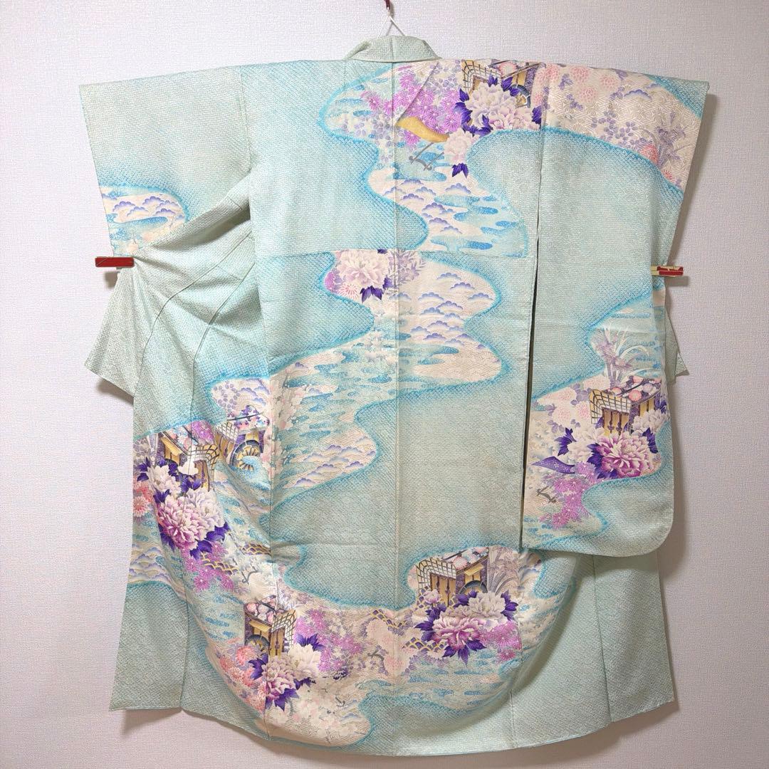 4 振袖フルセット 正絹 難あり 水色 紫 ピンク 銀彩 絞り 小柄さん レトロ