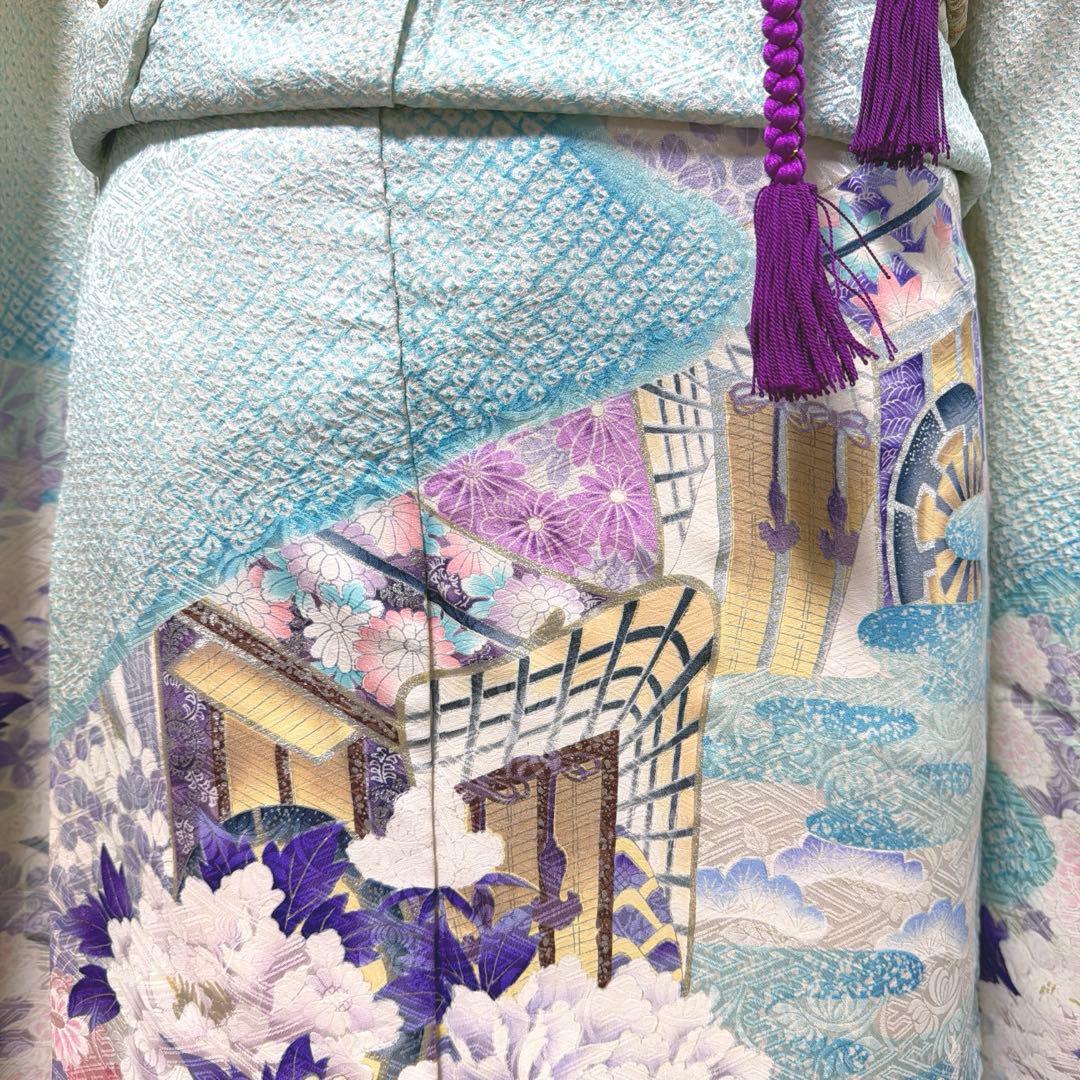 4 振袖フルセット 正絹 難あり 水色 紫 ピンク 銀彩 絞り 小柄さん レトロ