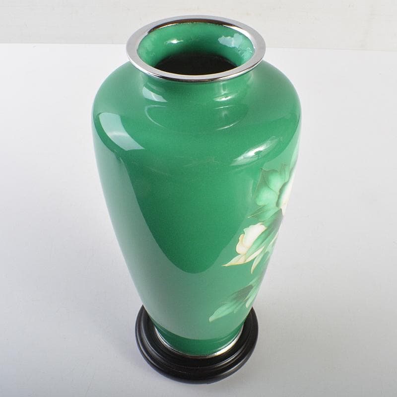 七宝焼　林七宝店 　牡丹文瓶　唐木台・箱付　M　R7378B