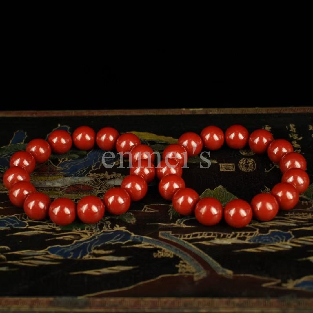 天然朱砂(シナバー )帝王砂真っ赤　１４mm縁起　魔除け|ブレスレット木箱付き