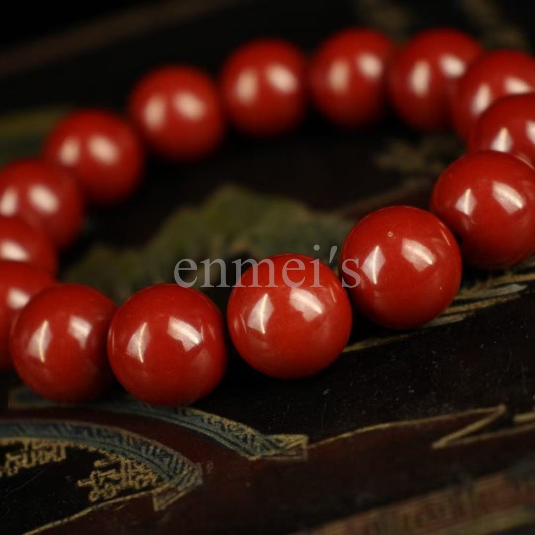 天然朱砂(シナバー )帝王砂真っ赤　１４mm縁起　魔除け|ブレスレット木箱付き