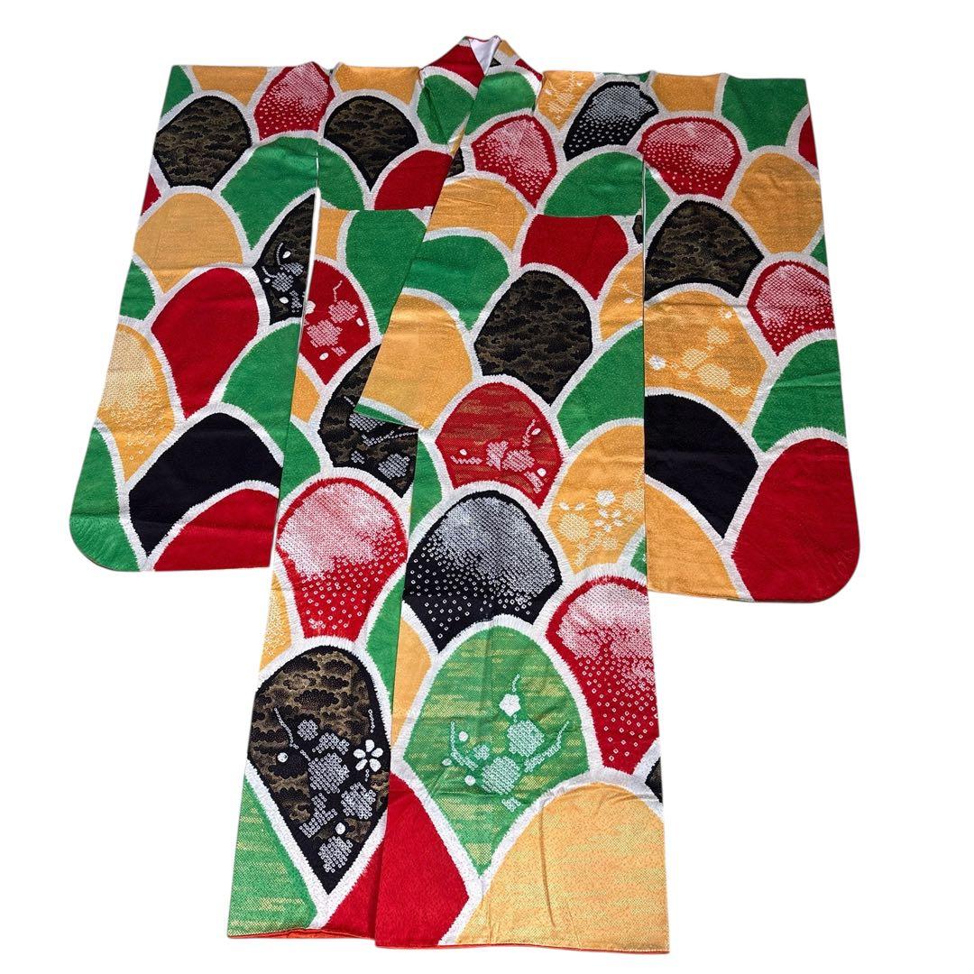 (う19) 個性派‼️彩りの芸術✨総絞り 青海波文様 アンティーク振袖㊗️③点セット