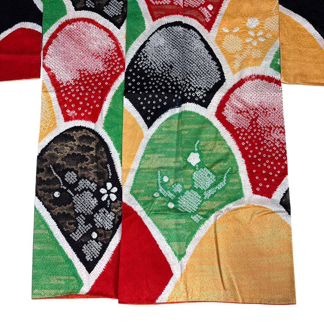 (う19) 個性派‼️彩りの芸術✨総絞り 青海波文様 アンティーク振袖㊗️③点セット