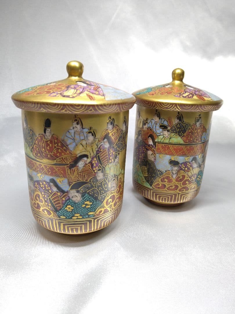 九谷焼 住田岳陽 本金色絵 三十六歌仙絵 夫婦湯呑 蓋付き 小田清山 細字