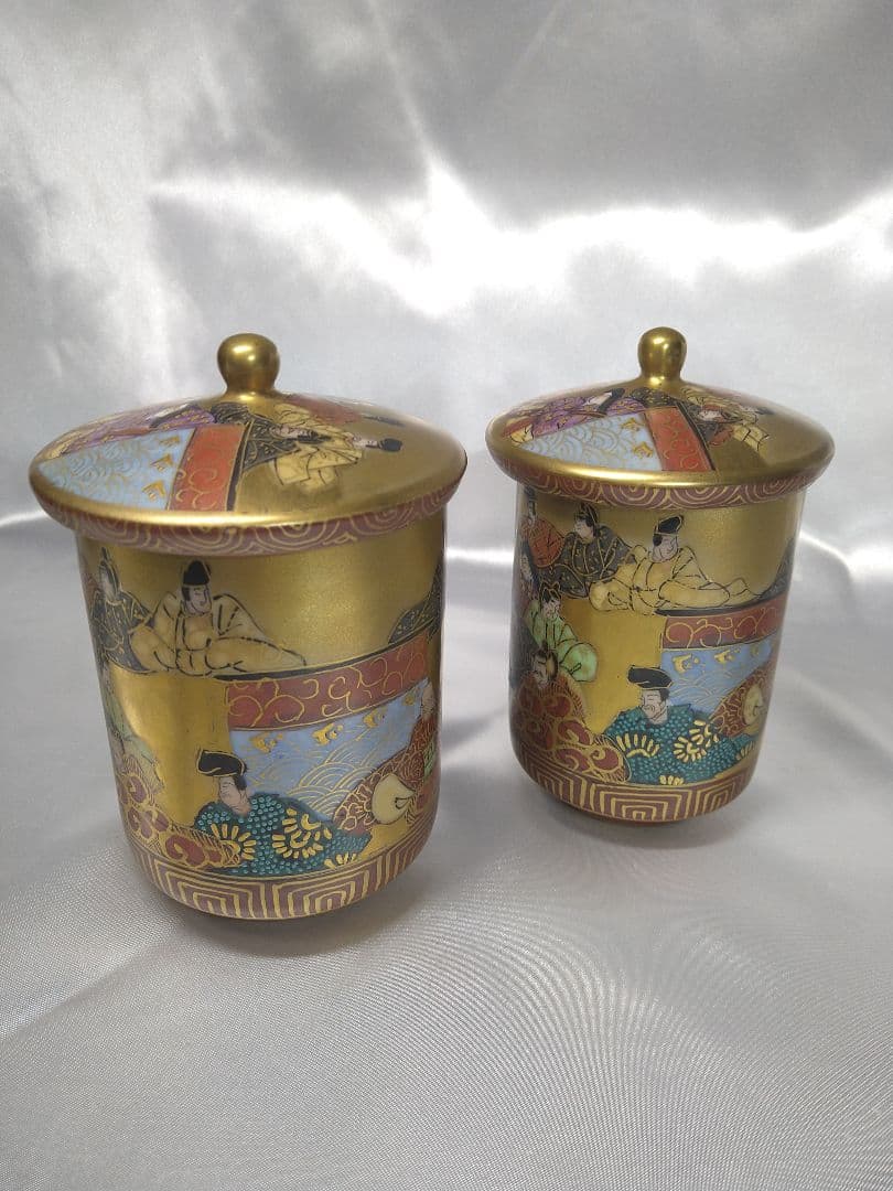 九谷焼 住田岳陽 本金色絵 三十六歌仙絵 夫婦湯呑 蓋付き 小田清山 細字