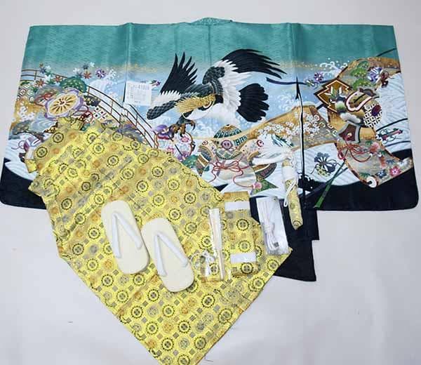 七五三 五歳 男児 着物 羽織袴フルセット 金刺繍 緑青色 鷹 紋袴 袴変更可能