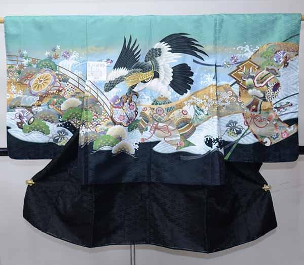 七五三 五歳 男児 着物 羽織袴フルセット 金刺繍 緑青色 鷹 紋袴 袴変更可能