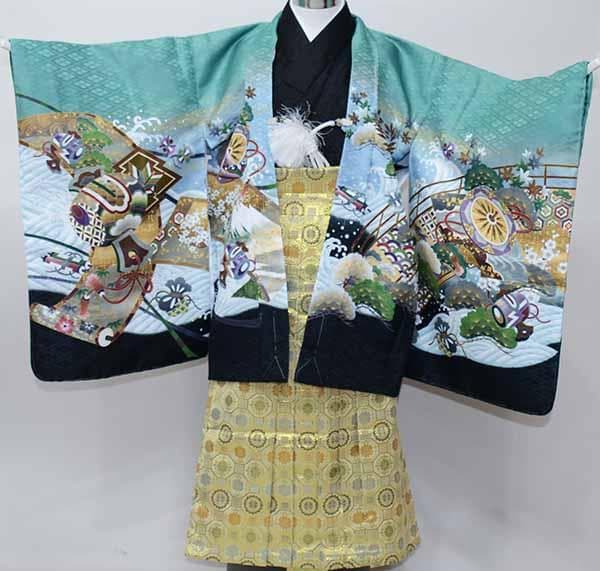 七五三 五歳 男児 着物 羽織袴フルセット 金刺繍 緑青色 鷹 紋袴 袴変更可能